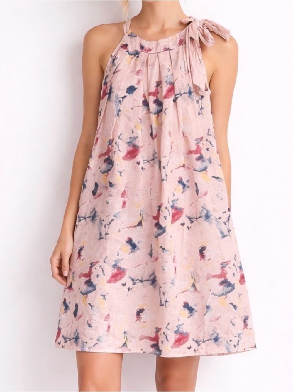 Bellambra Made in Italy 100% Linen Pink Watercolor Halter Tie-Shoulder Sundress